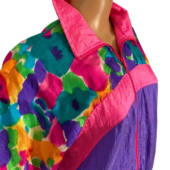 VINTAGE BLAIR BOUTIQUE NEON WATERCOLOR WINDBREAKER SZ L - Picture 8 of 16